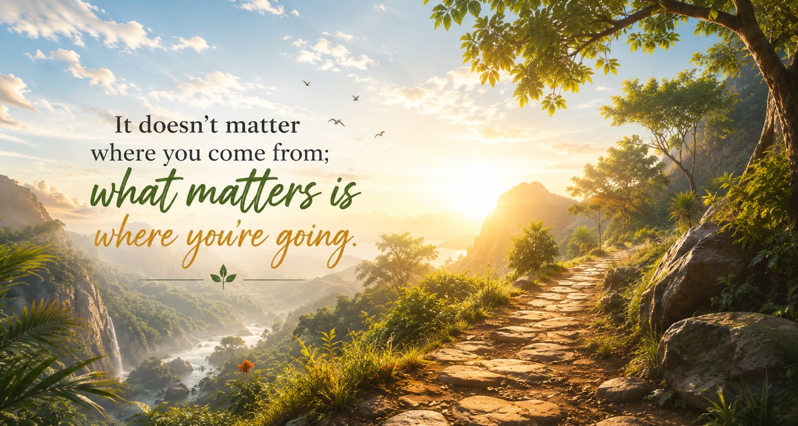 A sunlit mountain path at dawn with the message: it doesn't matter where you come from; what matters is where you're going